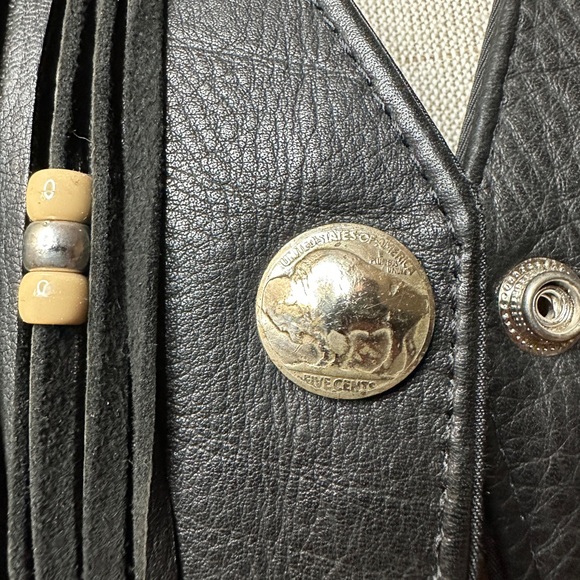 S.P. Leathers Buffalo Nickel Snap Bikers Vest Black Fringe Native Beadwork 10-12 - Picture 3 of 13
